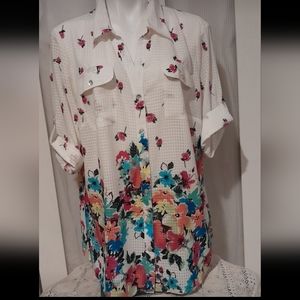 NY Collection- semi sheer white checked floral design button up blouse, size 2X